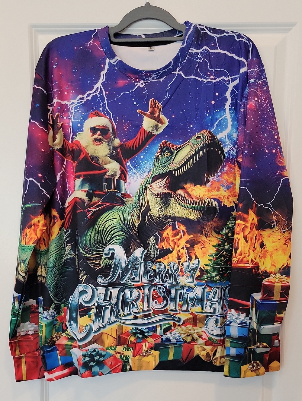 Ugly Christmas Sweater Santa On Dinosaur Large Unisex Merry Christmas